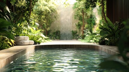 Aufkleber - Serene Spa Retreat with Lush Greenery and Reflective Water Perfect for Relaxation and Text Overlay