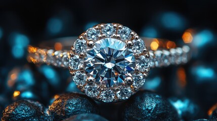 Poster - Elegant diamond ring showcased in creative macro shot with dark textured background and ample copyspace for personalized messaging