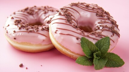Aufkleber - Delicious Pink Iced Doughnuts with Chocolate Crumble and Fresh Mint on a Soft Pink Background