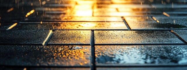 Poster - Wet urban paving tiles reflecting light with empty space for text or branding in a modern city setting after rain.