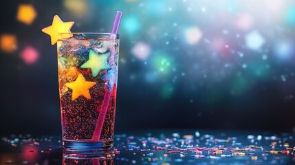 Poster - Vibrant tropical drink with colorful star shapes and sparkling background ideal for festive promotions or party themes.