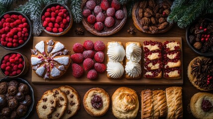 Wall Mural - Delicious holiday baked goods arranged on a table with festive decorations and empty space for text to enhance your seasonal designs