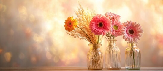 Fototapete - Scandinavian Style Frame Mockup with Colorful Gerbera Bouquet in Glass Vases for Autumn Decor and Thanksgiving Creativity with Blank Space