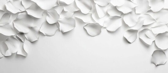 Poster - White flower petals scattered on a clean white background creating ample space for text or design elements. Ideal for branding or greeting cards.