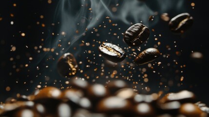 Poster - Steaming black coffee with flying beans creating an aromatic atmosphere showcasing flavor and richness against a dark background