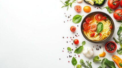 Poster - Fresh noodle dish with vegetables and herbs on white backdrop perfect for culinary classes, recipes, or customizable marketing materials