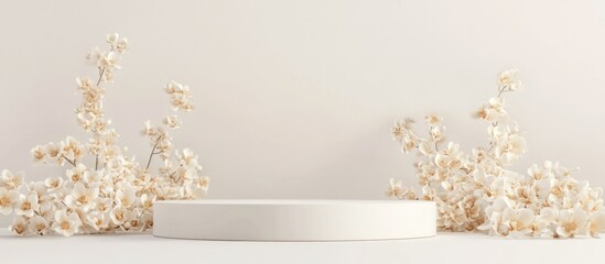 Poster - Minimalist white podium adorned with beige flowers against a soft background ideal for creating elegant text overlays and product displays.