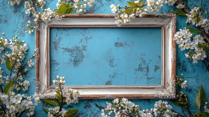 Aufkleber - Rustic Empty Frame Surrounded by Blossoming Branches on Turquoise Background Ideal for Memorable Moments and Personalized Text