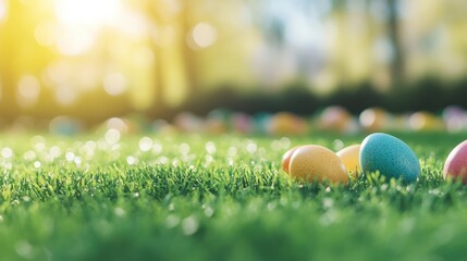 Fototapete - Colorful Easter Eggs on Lush Green Grass with Bokeh Background and Space for Personal Message or Text Insert