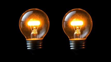 Poster - Two distinct LED bulbs one off and one glowing orange against a black background showcasing the electric light concept and illumination effects
