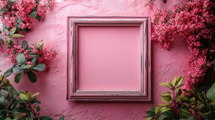 Aufkleber - Elegant empty frame surrounded by pink flowers and foliage on a textured pink concrete background ideal for showcasing text or artwork.