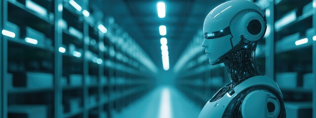 Poster - Warehouse Automation and AI Technology with Modern Robot in Futuristic Storage Facility Featuring Empty Copy Space for Text