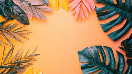 Poster - Colorful tropical foliage arranged around an empty orange background for customizable text or graphic design applications.
