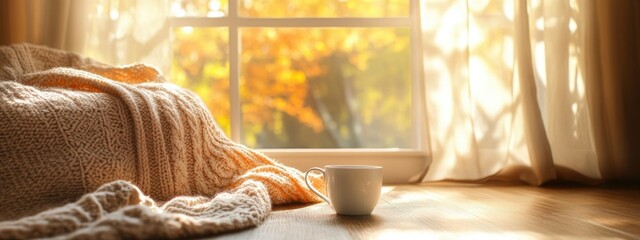 Poster - Cozy Sunlit Room with Warm Blanket and Coffee Cup Inviting Relaxation and Tranquility with Space for Text