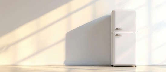 Poster - Bright room featuring a white mini retro refrigerator with ample empty space for text and natural light creating an inviting atmosphere.