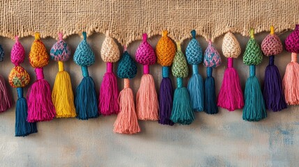 Poster - Vibrant Colorful Tassel Wall Hanging in Bohemian Style with Empty Copyspace for Text and Creative Decor Elements