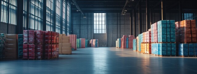 Poster - Warehouse interior featuring stacks of colorful product boxes and spacious empty area for text placement and promotional materials.