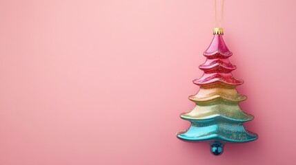 Poster - Colorful Christmas Tree Ornament on Pink Background with Blank Space for Holiday Text and Messages