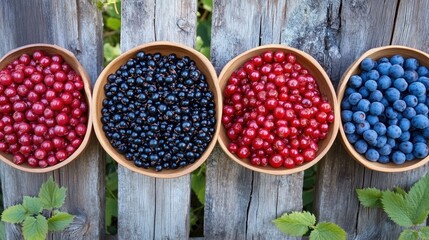 Canvas Print - Colorful Assortment of Fresh Wild Berries in Bowls Arranged on Rustic Wooden Fence