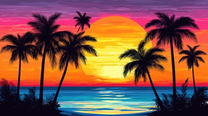 Poster - Tropical sunset with vibrant palm trees silhouetted against a colorful sky creating ideal copyspace for inspirational text or quotes
