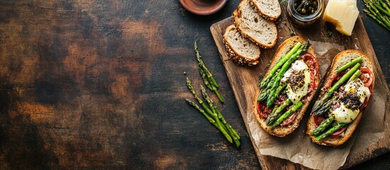 Poster - Gourmet sandwiches with asparagus and cheese on rustic table featuring spicy ingredients and ample copy space for text horizontal format
