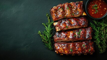 Poster - Grilled lamb and pork ribs arranged on a dark green background with sauce and herbs showcasing delectable flavors and inviting copyspace for text