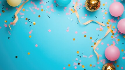 Poster - Colorful Confetti and Streamers on Blue Background Perfect for Celebratory Events with Space for Custom Text or Messages