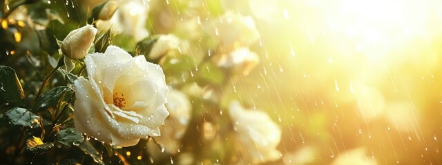 Poster - White roses drenched in raindrops illuminated by golden hour light with serene background and ample space for text overlay