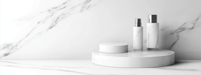 Poster - Elegant white marble pedestal showcasing beauty and cosmetic products with empty copy space for branding and promotional text