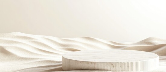 Poster - elegant white marble podium in soft sand backdrop with ample empty space for customizable text or gr