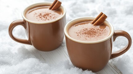 Wall Mural - Warm cocoa drinks with cinnamon sticks on snowy wooden surface perfect for holiday themed designs and winter decorations.