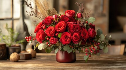 Poster - Elegant red rose bouquet arranged with seasonal greenery on rustic wooden table setting. Perfect for romantic or festive occasions.