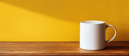 Poster - Minimalist white mug on wooden table against vibrant yellow wall with ample copy space for text and design elements.