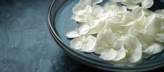Poster - Delicate white flower petals floating in a bowl of water with textured surface and ample space for text or branding.