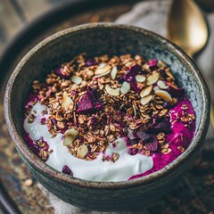 Poster - Healthy beetroot granola topped with vanilla yogurt in a rustic bowl with a backdrop for text space and a focus on nutritious ingredients