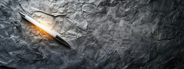 Poster - weathered crumpled paper texture with illuminated pen and blank space for text composition