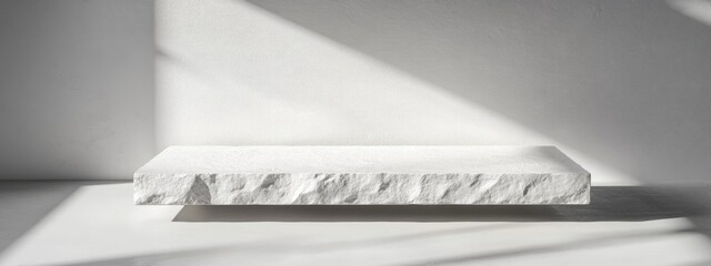 Poster - Elegant White Natural Stone Table Showcasing Light and Shadow Play with Ample Copy Space for Text or Product Placement