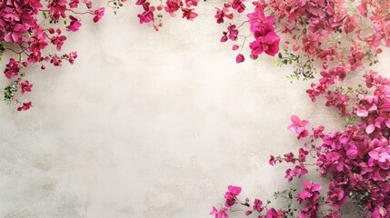 Poster - Vibrant bougainvillea flowers framing a neutral background ideal for product promotion and aesthetic enhancement in advertising.
