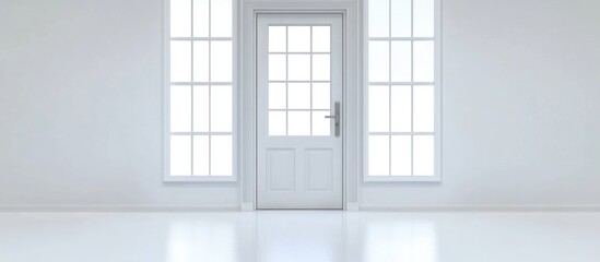 Poster - Bright Empty Room with Large Windows and Door Ideal for Text Overlay and Minimalist Design Concepts