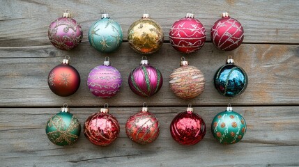 Poster - Colorful Vintage Christmas Ornaments Carefully Arranged on a Textured Rustic Wooden Background