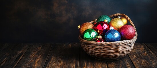 Poster - Baskets adorned with colorful Christmas ornaments on rustic wooden floor showcasing holiday spirit with space for seasonal text