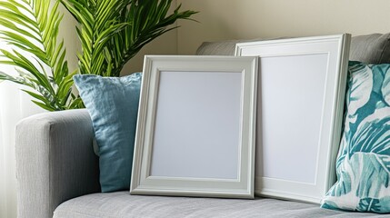 Fototapete - Empty white picture frames on a gray couch with potted plant and decorative pillows in a stylish interior setting