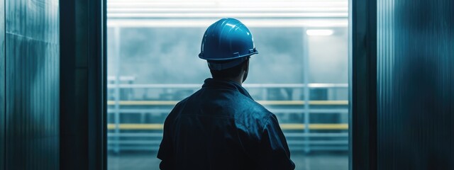 Poster - Warehouse worker in blue hard hat inspecting inventory in distribution center with ample empty space for text or graphics