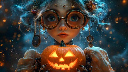 Poster - Whimsical witch with big glasses and wild hair holding a glowing JackO'Lantern Her tattered robe sparkles with accessories as she stands against a mystical blue background of twinkling stars