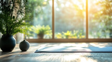 Aufkleber - Tranquil yoga studio with natural light and empty space for relaxation and wellness text in a serene and peaceful environment