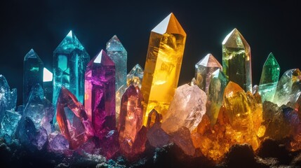Poster - Vibrant Raw Crystals Displayed Against Dark Background with Space for Text and Design Elements