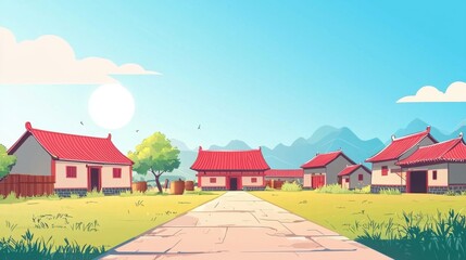 Wall Mural - Serene Village Scene With Red Roofed Houses and Path