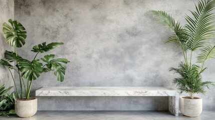 Tropical indoor plants in modern pots on marble bench against grey textured wall creating a serene and stylish home environment