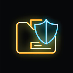 Poster - Blue neon shield covering yellow neon folder icon on black background