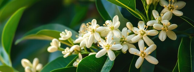 Poster - Delicate white blossoms among rich green leaves creating a serene nature background with ample space for text placement and floral design.